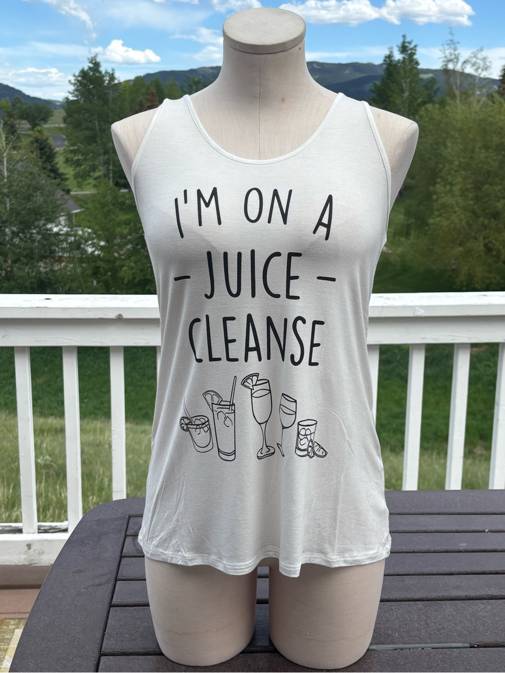 Bear Dance Women's White Tank Top with Black Text "I'm On A Juice Cleanse"